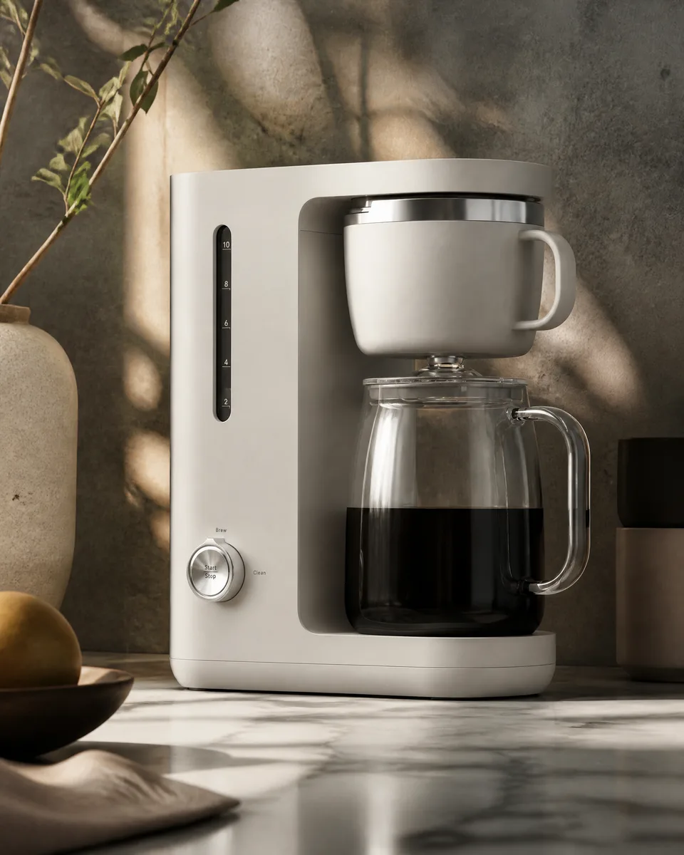 Editorial kitchen ad concept featuring the Caraway coffee maker