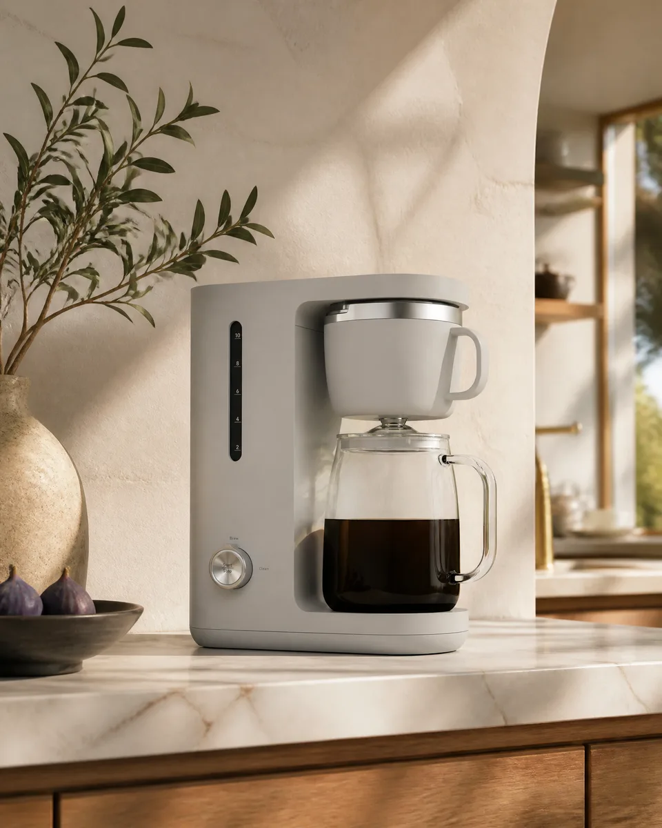 Caraway coffee maker in a morning kitchen ad concept